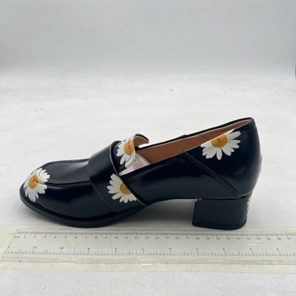 YDN Black Daisy Square Toe Loafers Slip on Block Low Heel Pumps Buckle Shoes - Picture 2 of 8
